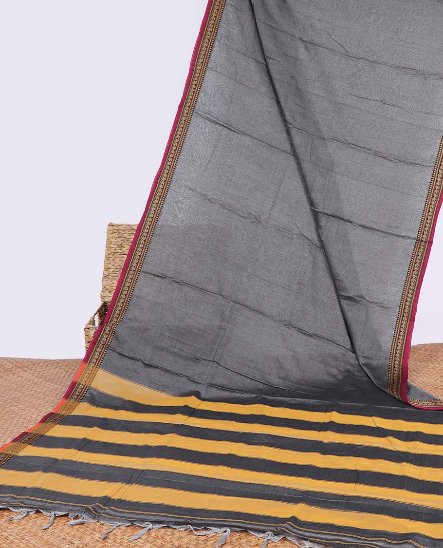 Dark grey narayanapet cotton saree with contrast border & striped pallu