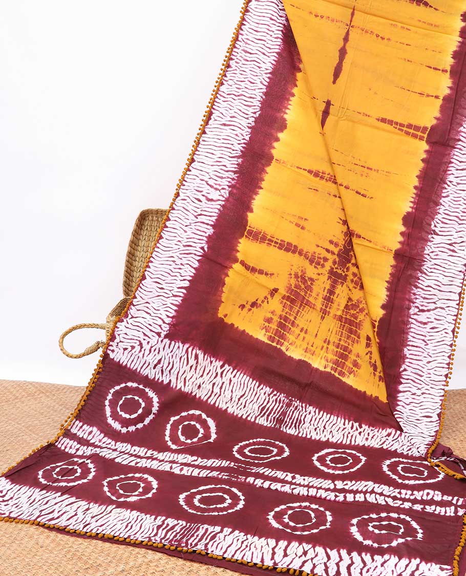 Yellow shibori design mul mul cotton saree with contrast border & shibori style design pallu