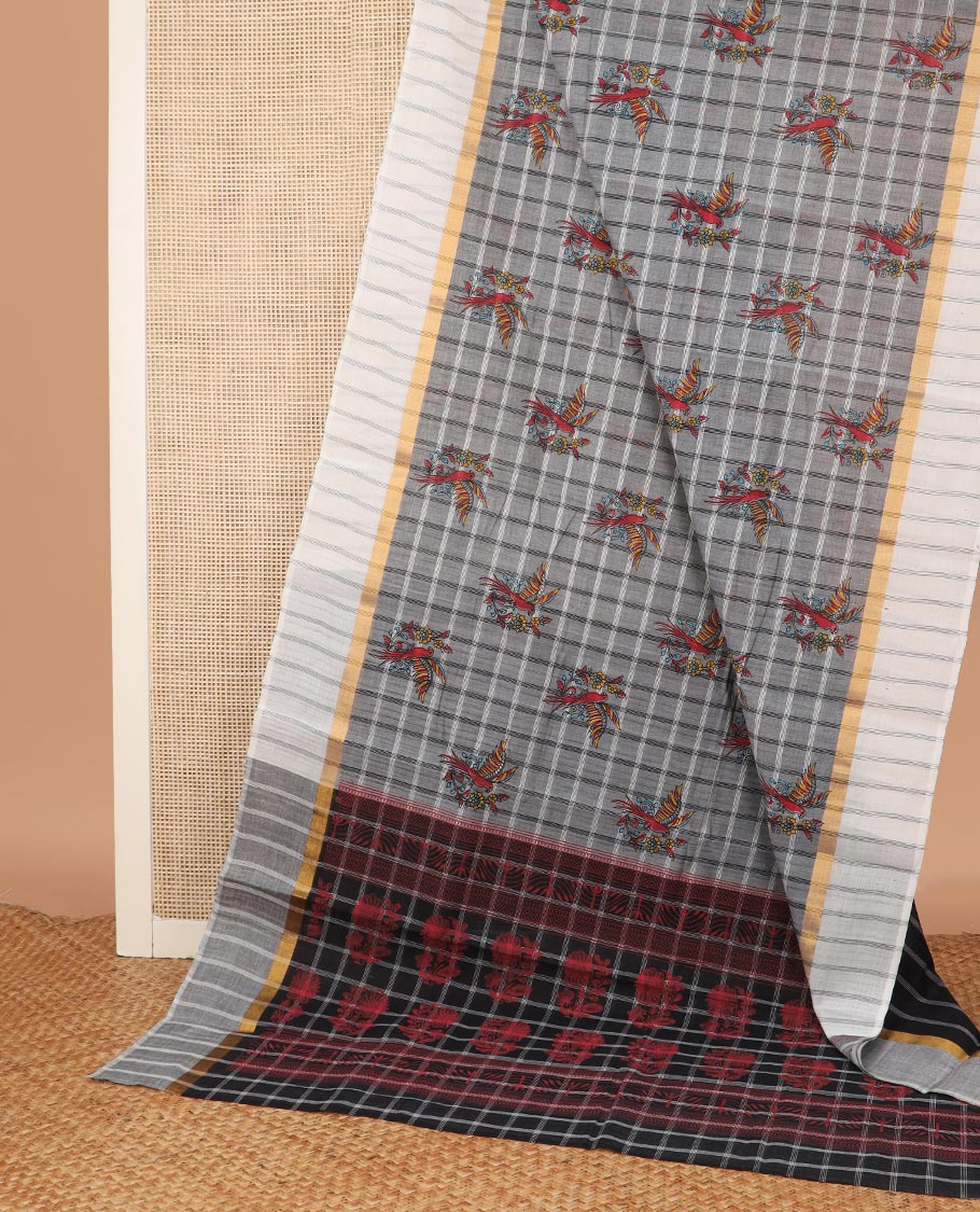 Grey checked and buttas Chirala cotton saree, contrast striped border and printed pallu
