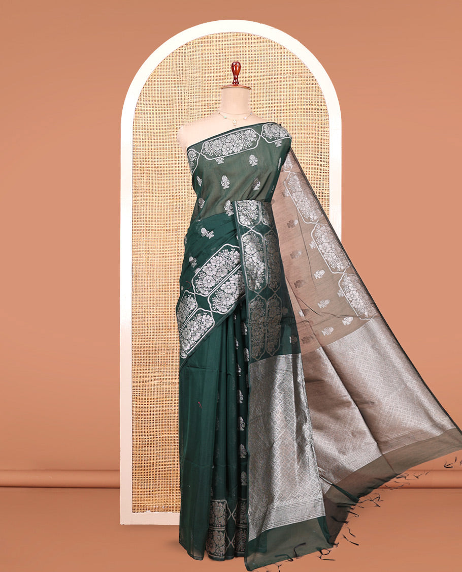Green Semi-Silk Cotton Saree, Decked Up with Zari Buttas All Over Its Body, Highlighted by a Zari Border of Floral Designs, Gleaming Jaal Pallu, and Paired with a Matching Blouse