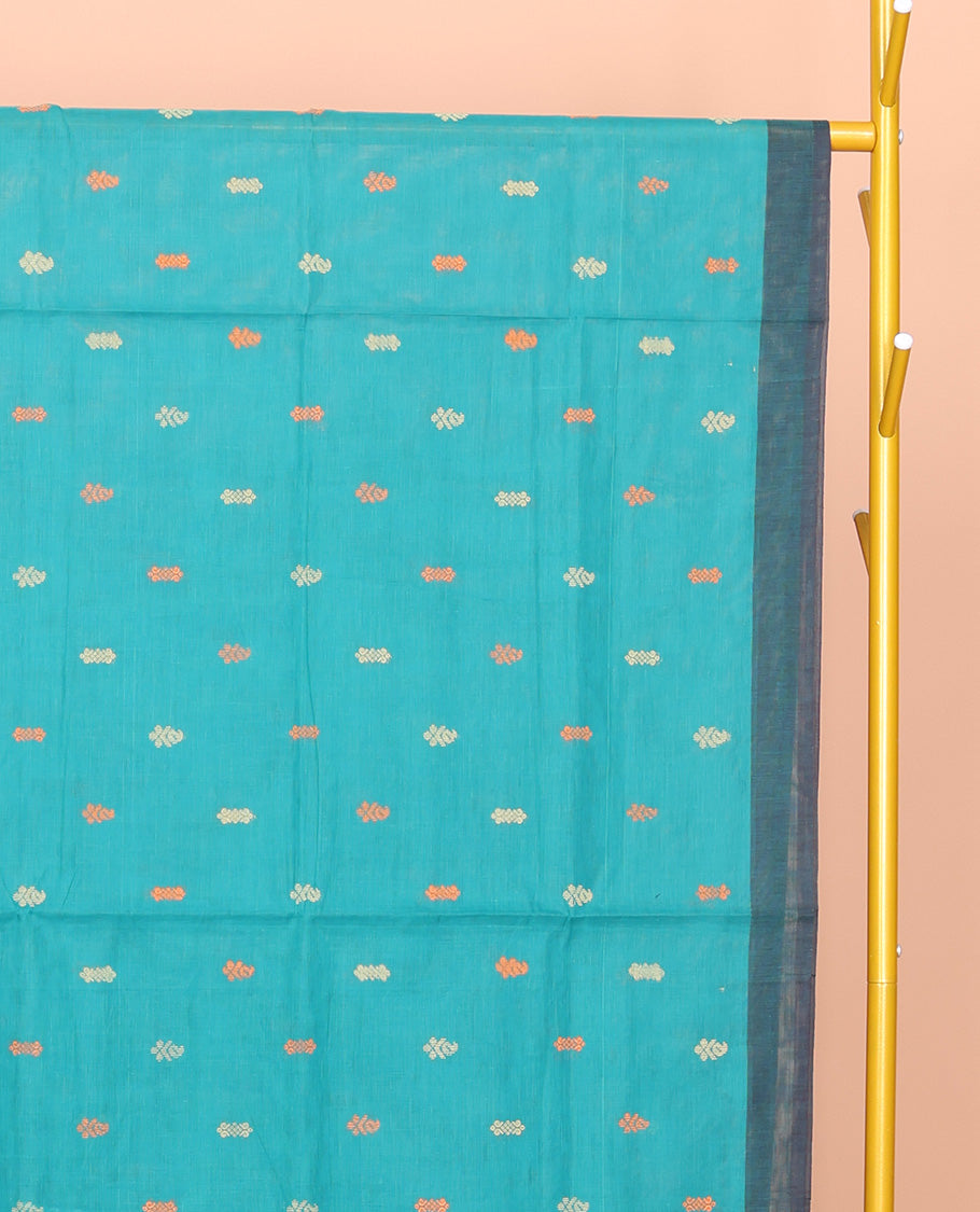 Blue Venkatagiri Cotton Saree, Adorned with Buttas, a Contrast Peacock Zari Border, Pallu of Buttas and Stripes, and No Blouse