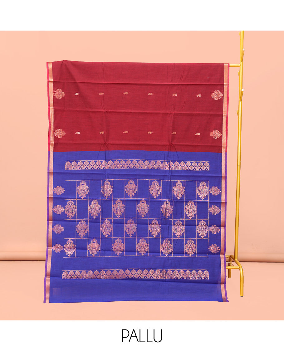Crimson Red Semi-Silk Cotton Saree, Enriched with Zari Buttas All Over Its Body, a Subtle Zari Piping Border, Complemented by Contrast Pallu of Peacock Butta Enclosed Checked Design, and Paired with a Contrast Blouse