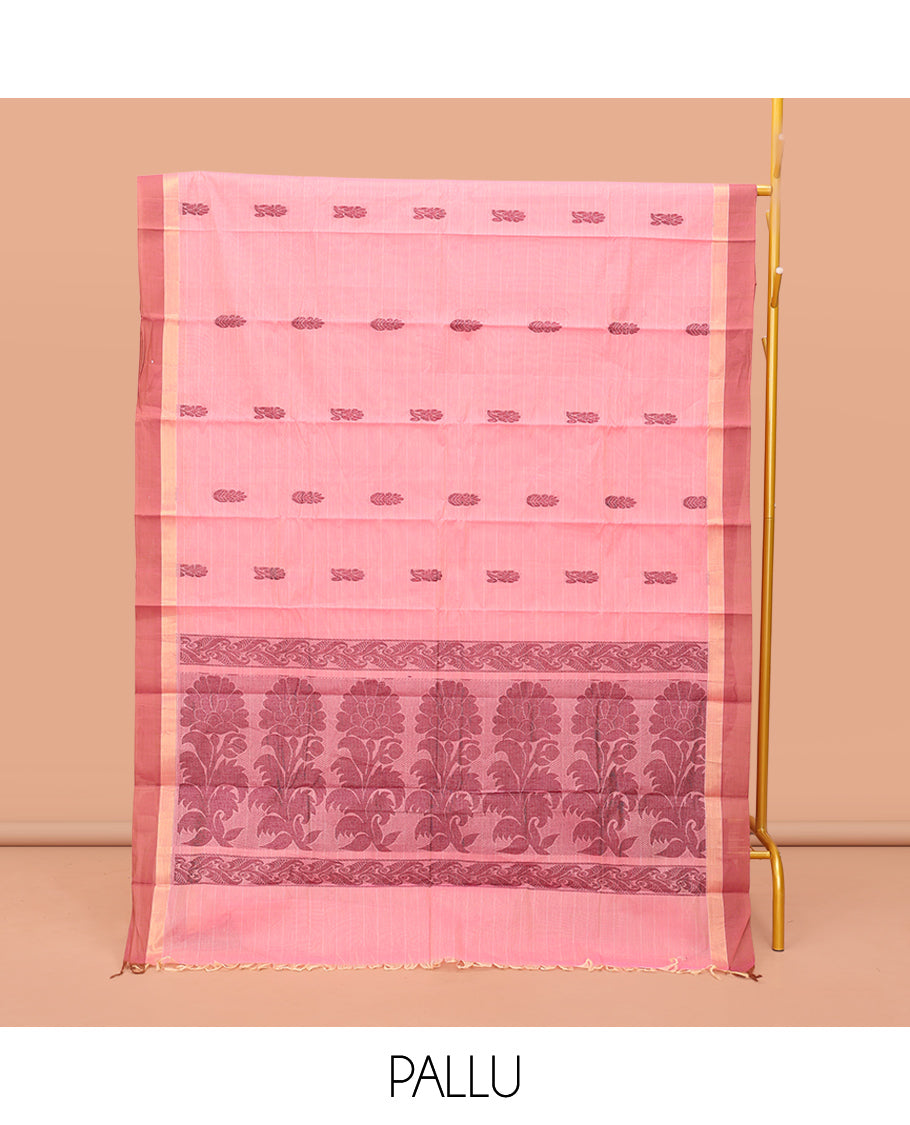 Pink Kanchi Cotton Saree, Featuring Buttas and Stripes on Its Body, Contrast Border, Pallu of Floral Design, and a Matching Blouse