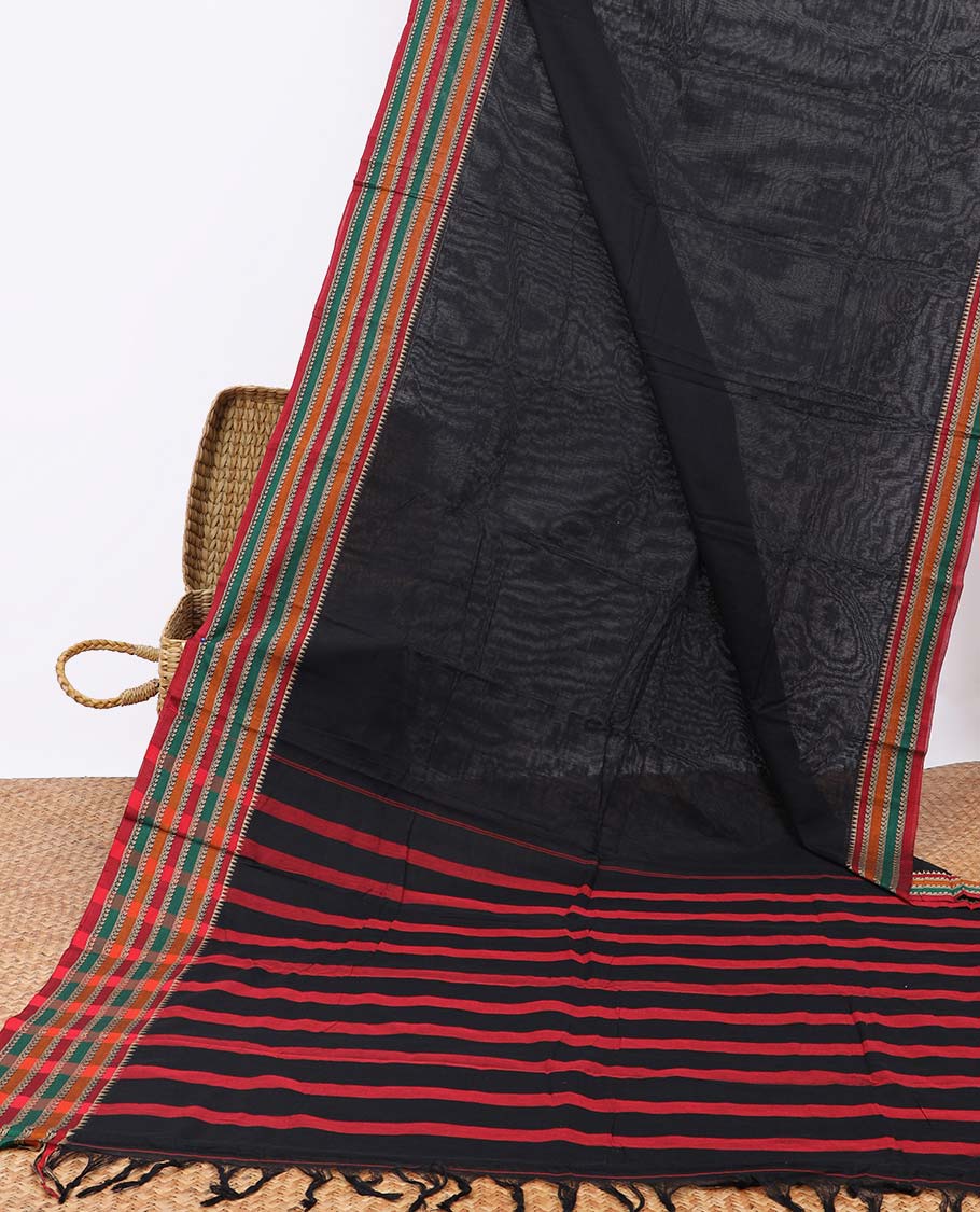 Black narayanapet cotton saree with contrast traditional border and striped pallu