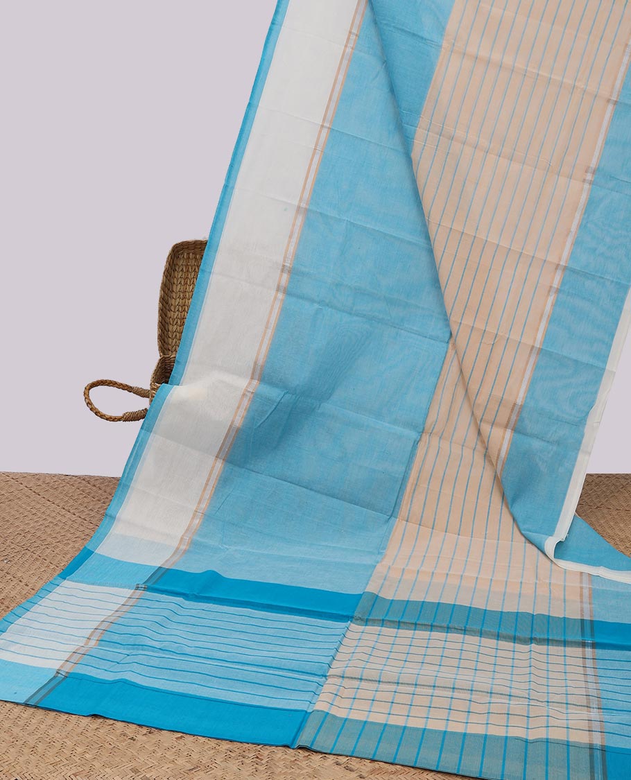 Blue- cream striped chirla cottton saree with contrast border & checked pallu