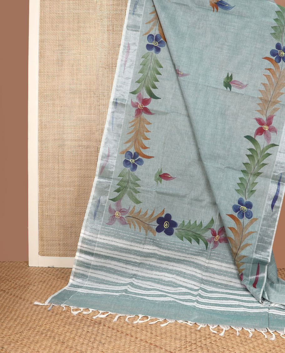 Green hand-brushing-style floral printed jute cotton saree, zari & printed border & striped pallu