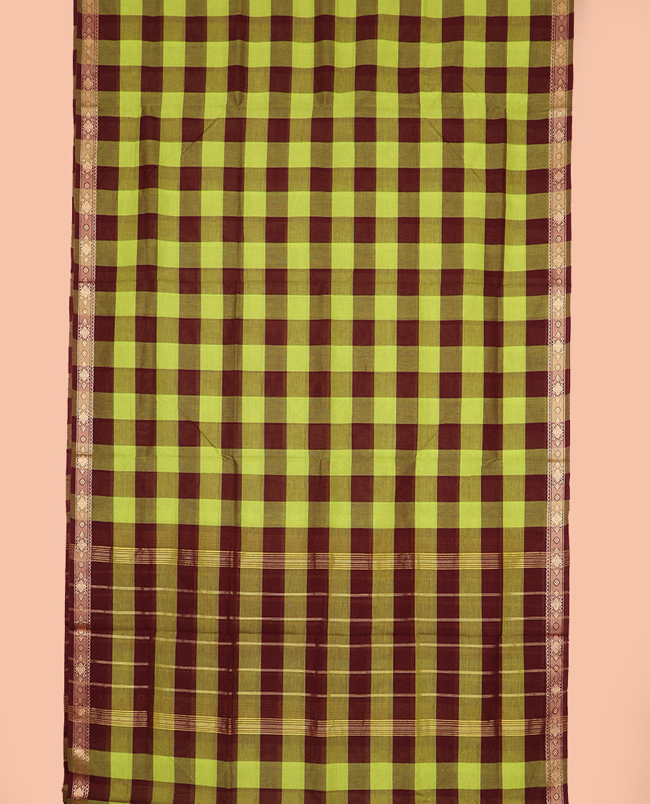 Multi-color macro checked nine-yard cotton saree, unique motifs woven border, and striped pallu