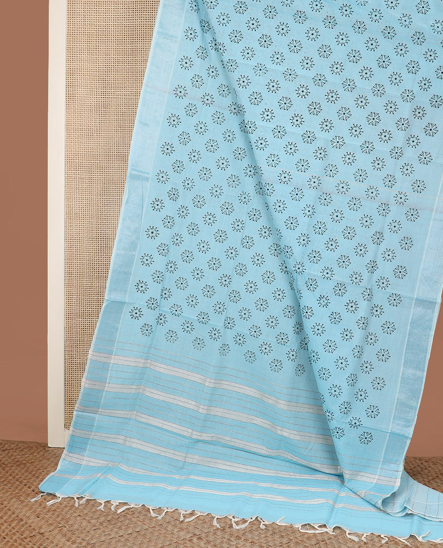Powder blue flower buttas printed cotton saree, zari border and striped pallu