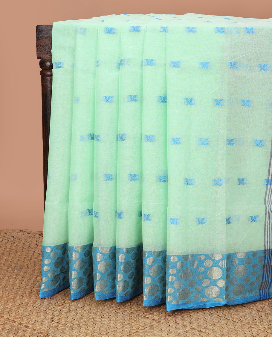Turquoise blue buttas Bengal cotton saree, contrast zari polka dotted border, and pallu of stripes