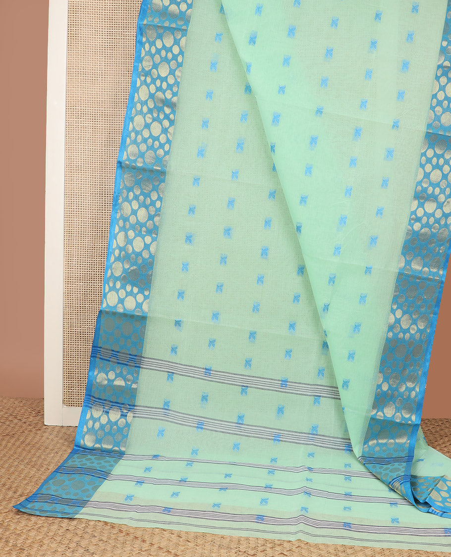 Turquoise blue buttas Bengal cotton saree, contrast zari polka dotted border, and pallu of stripes