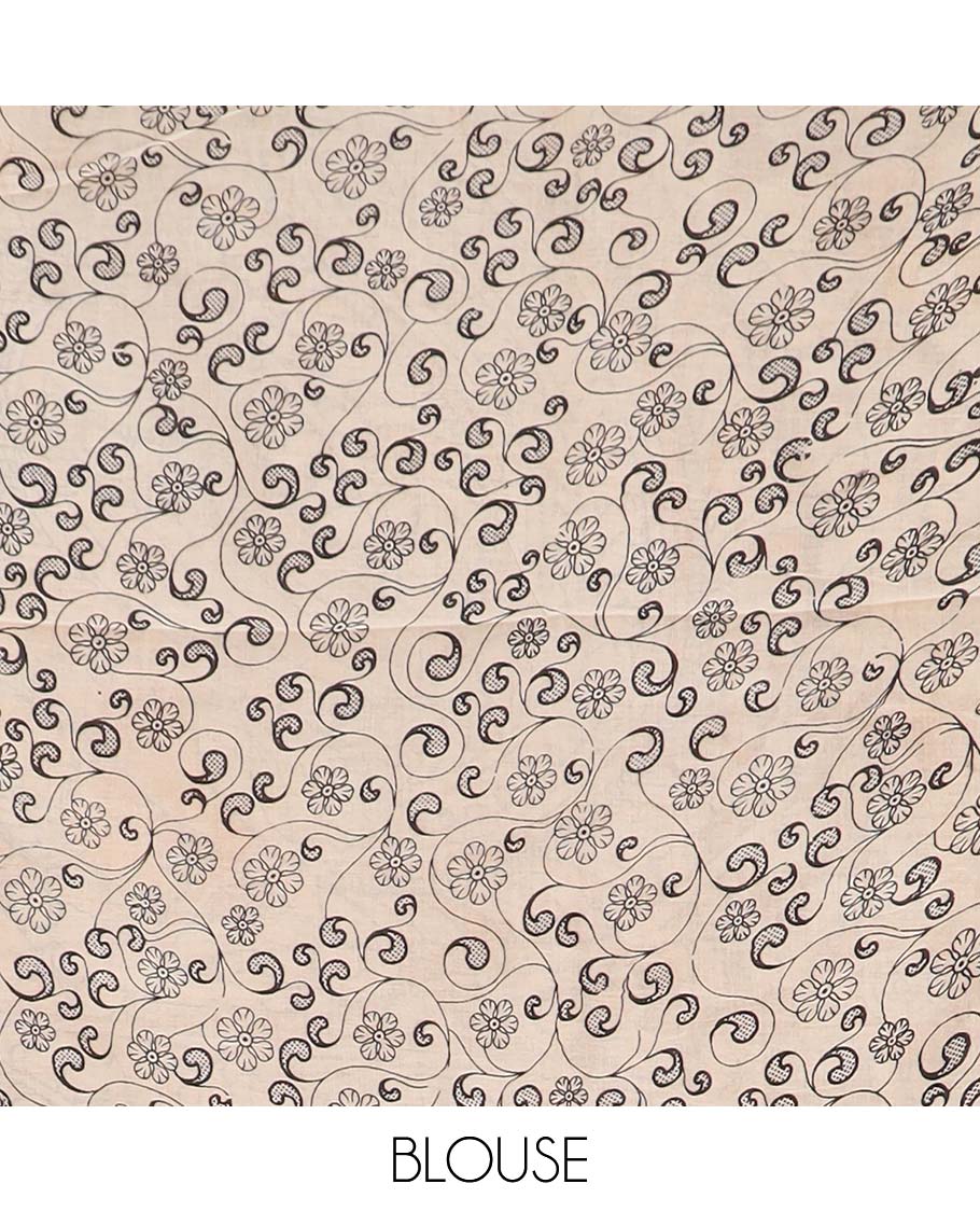 Mustard floral vine machine printed kalamkari cotton saree, contrast floral-pot motifs printed border, and pallu of peacock print