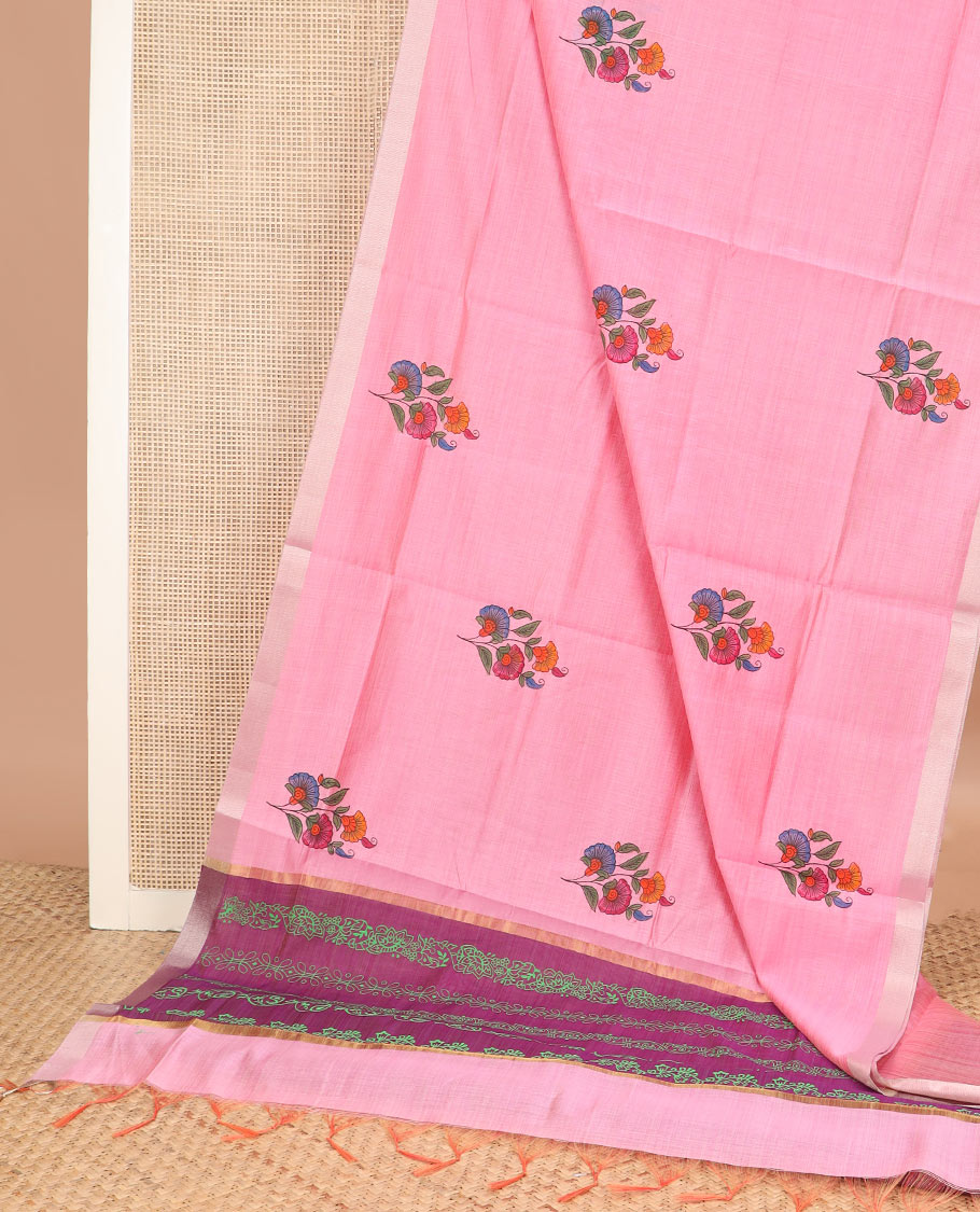 Pink floral buttas printed chirala cotton saree, bavanji border, and contrast floral print pallu