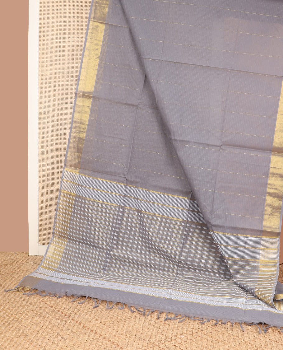 Grey zari striped jute cotton saree, bavanji border, and striped pallu