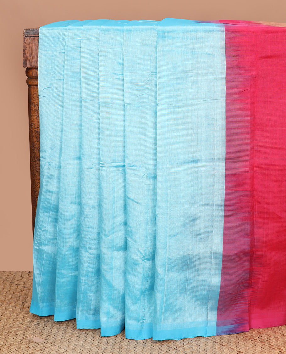 Borderless powder blue plain Mangalagiri Cotton saree, contrast striped pallu