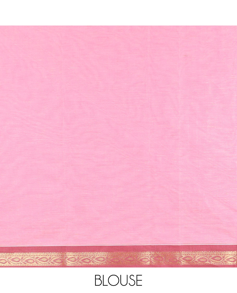 Pink dotted stripes, and heart buttas kanchi cotton saree, contrast zari border, and thilaka motifs steeped pallu