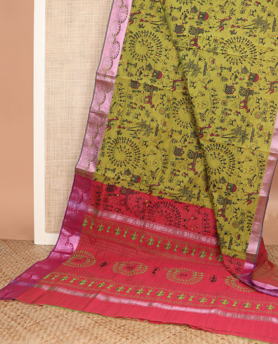 Green warli village printed Andhra cotton saree, zari floral border, and contrast warli printed pallu