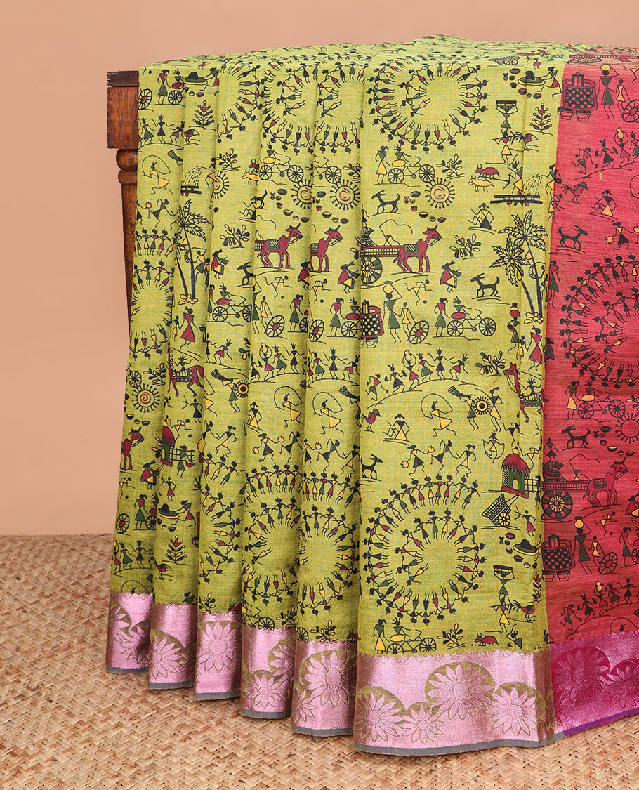 Green warli village printed Andhra cotton saree, zari floral border, and contrast warli printed pallu
