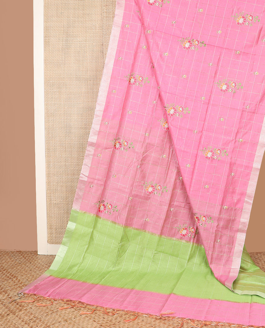 Pink checked with floral embroidered chirala cotton saree, plain border, and contrast striped pallu