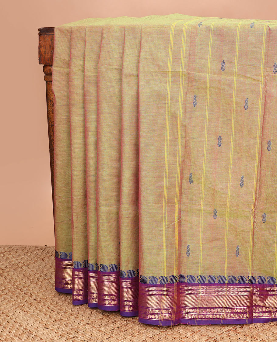 Green dual-toned buttas Chettinad cotton saree, contrast traditional design border, and striped pallu