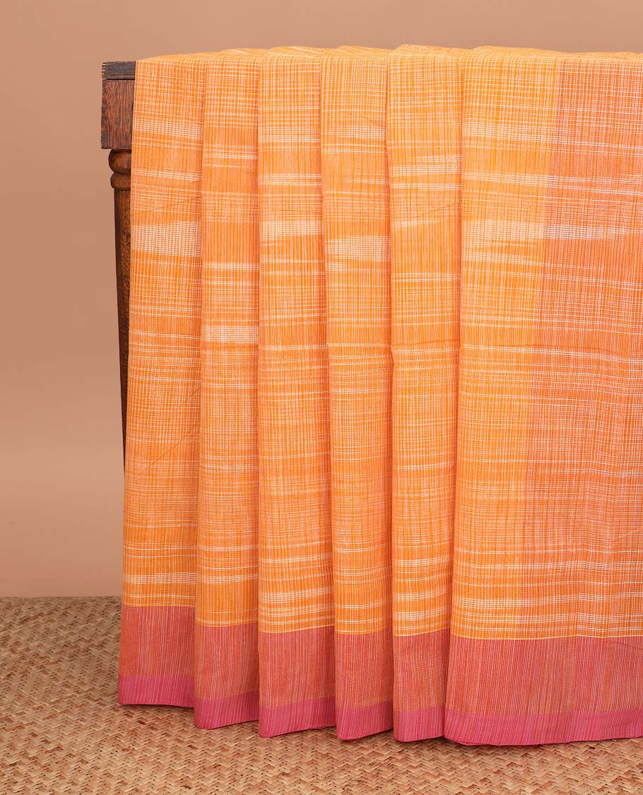 Orange textured Mangalagiri cotton saree, contrast border and striped pallu