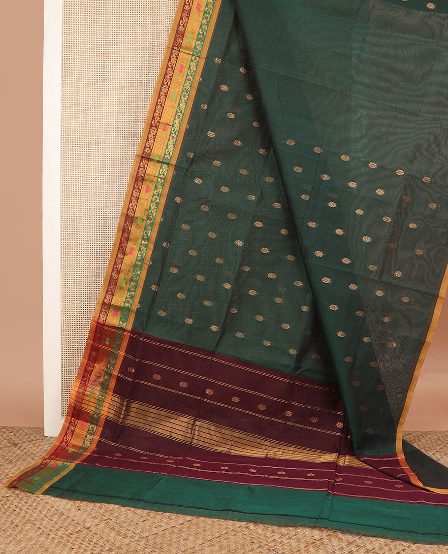 Green zari buttas Venkatagiri cotton saree, contrast zari and thread work border, and zari striped pallu