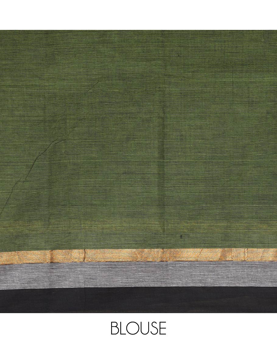 Green floral and leaf printed chirala cotton saree, contrast zari border, and pallu of floral print