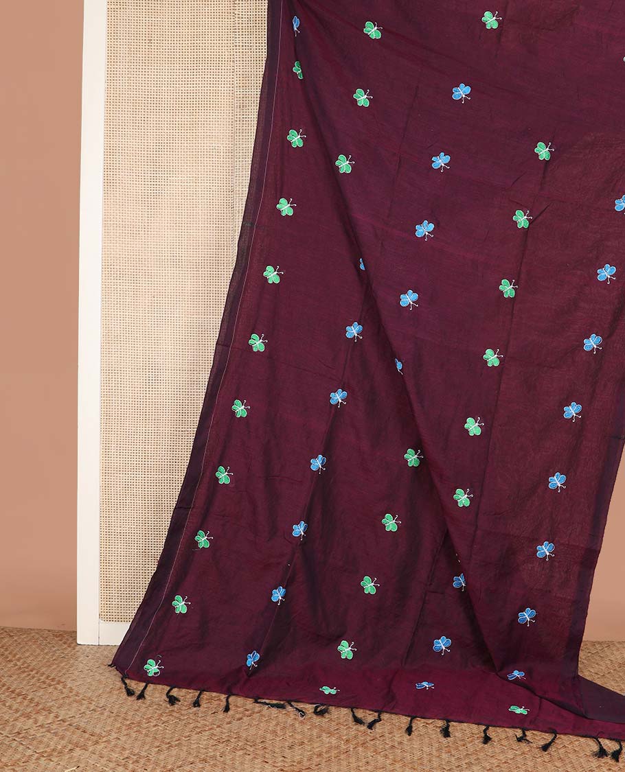 Purple Khadi Cotton Saree Artfully Detailed with Colorful Butterfly Embroidery, Pallu Beautifully Decked Up with Butterfly Embroidery, and Paired with a Matching Blouse