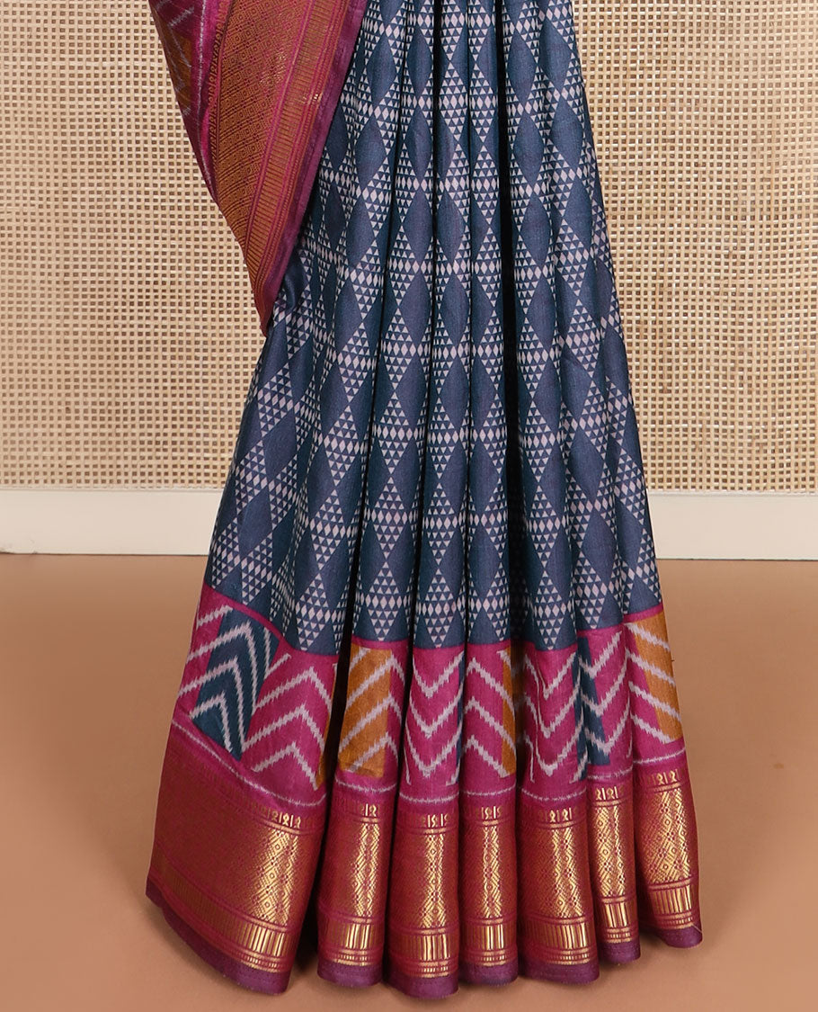 Blue geometric patterned semi-banaras patola silk saree, contrast chevron border of traditional zari designs, and pallu of geometric motifs