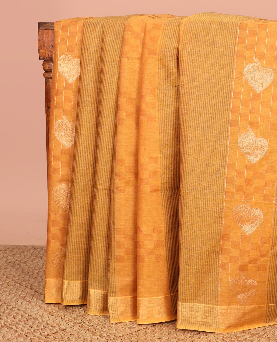 Orange Coimbatore Cotton Saree, Bedecked with Stripes, Checks, and Buttas All Over Its Body, Subtly Zari Border, Sparsely Woven Pallu of Floral-Leaf Designs, and Paired with a Matching Blouse
