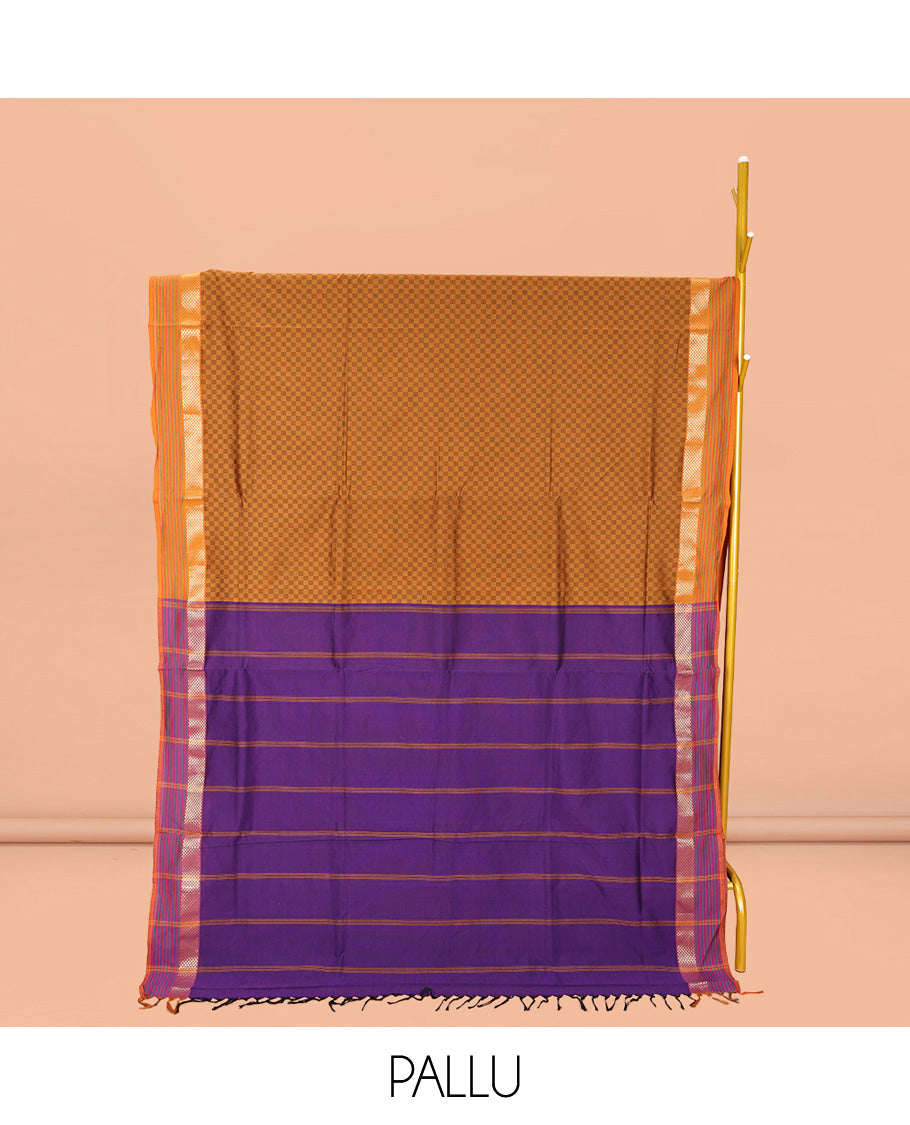 Brown Checked Poly Cotton Saree, Complemented by a Contrast Zari Border, Contrast Striped Pallu, and Paired with a Contrast Blouse