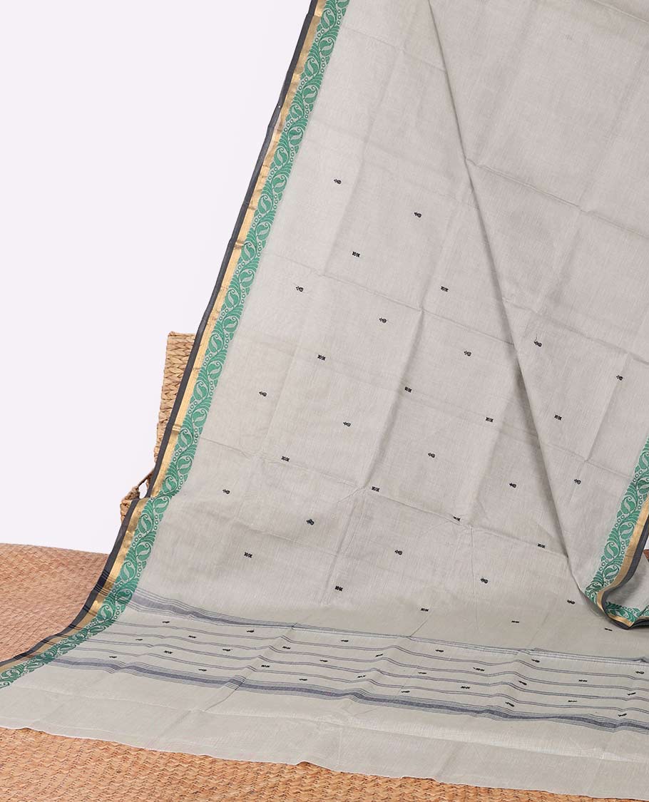 Grey buttas Chettinad cotton saree, contrast leaf creeper design border