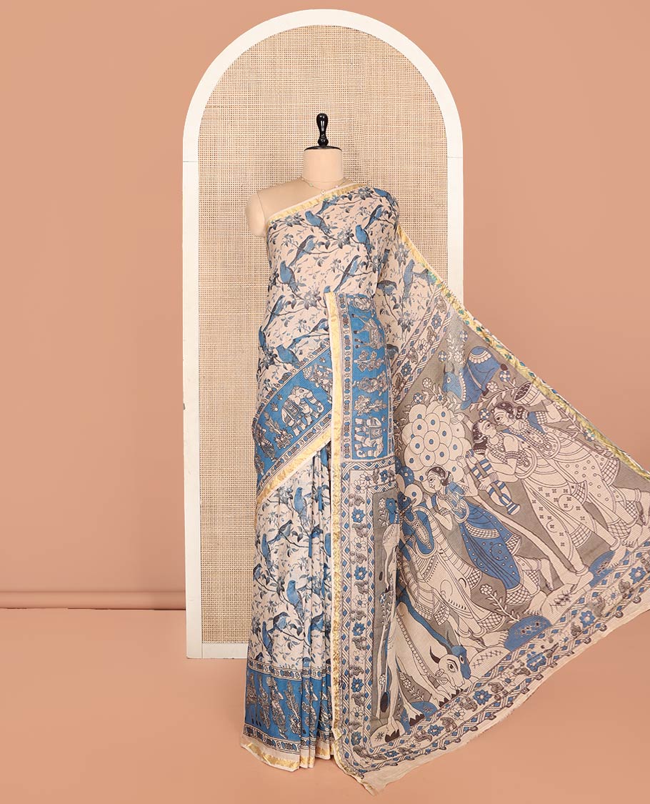 Sandal-Blue Machine-Printed Kalamkari Cotton Saree, Detailed with Bird-Floral Motifs, Contrast Human Motifs Printed Border, Pallu of Human Motifs, and a Contrast Blouse