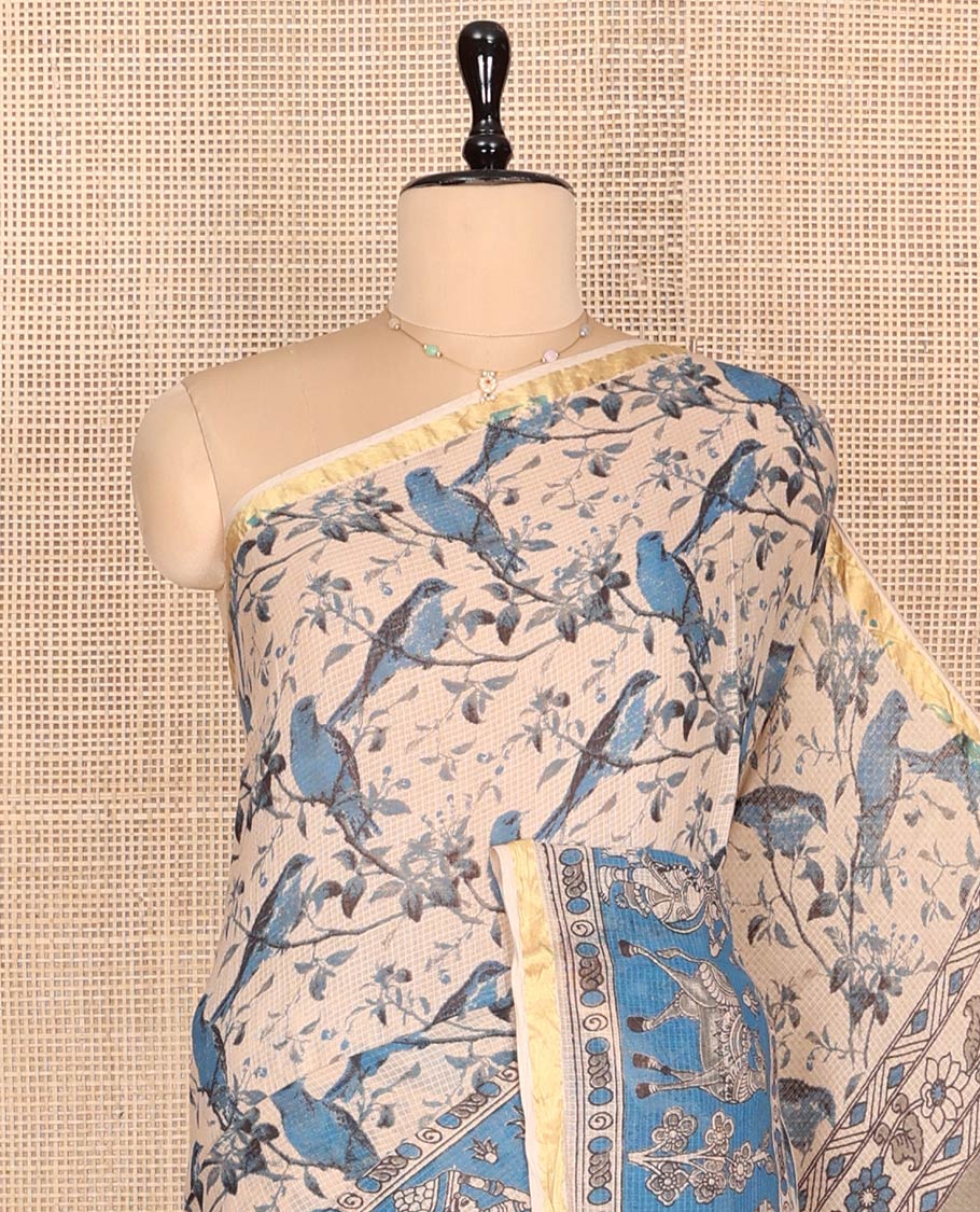 Sandal-Blue Machine-Printed Kalamkari Cotton Saree, Detailed with Bird-Floral Motifs, Contrast Human Motifs Printed Border, Pallu of Human Motifs, and a Contrast Blouse