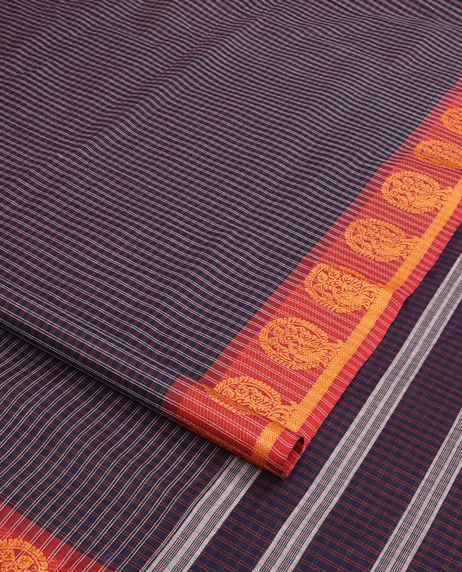 Blue checked design nine-yard cotton saree, contrast peacock motifs border, and pallu of stripes