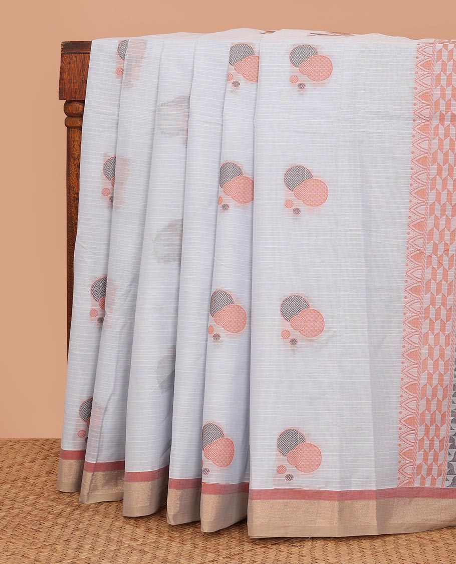 Grey stripes, and circle buttas woven Kanchi cotton saree, contrast plain border, and geometric patterns steeped pallu