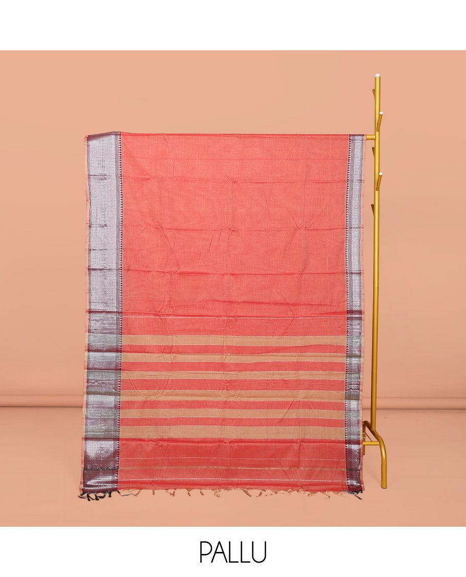 Peach Plain Narayanpet Cotton Saree, Complemented by a Contrast Traditional Design Border, Striped Pallu, and Comes Without a Blouse