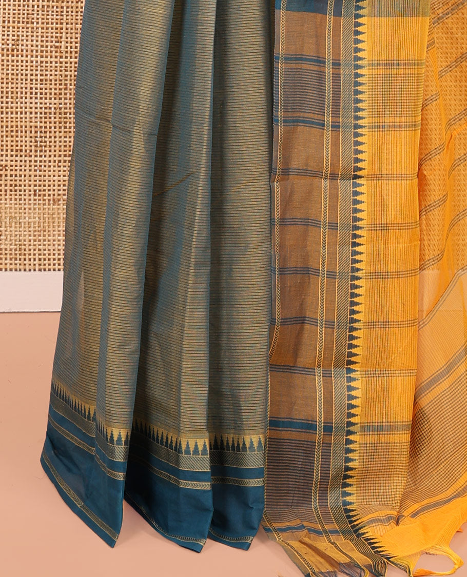 Grey Andhra Cotton Saree, Subtly Sparkled with Stripes, a Contrast Temple Border, a Contrast Striped Pallu, and a Contrast Blouse