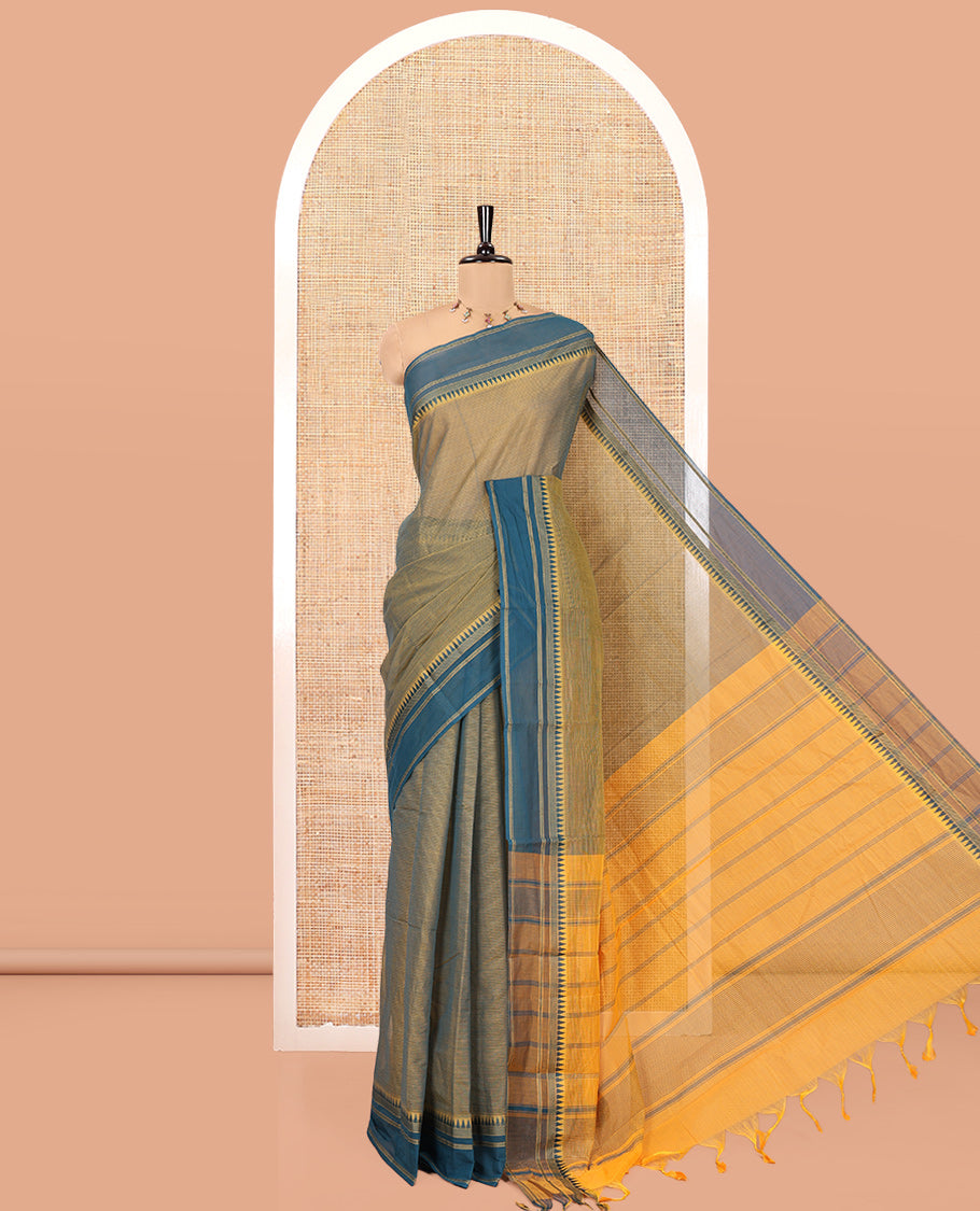 Grey Andhra Cotton Saree, Subtly Sparkled with Stripes, a Contrast Temple Border, a Contrast Striped Pallu, and a Contrast Blouse