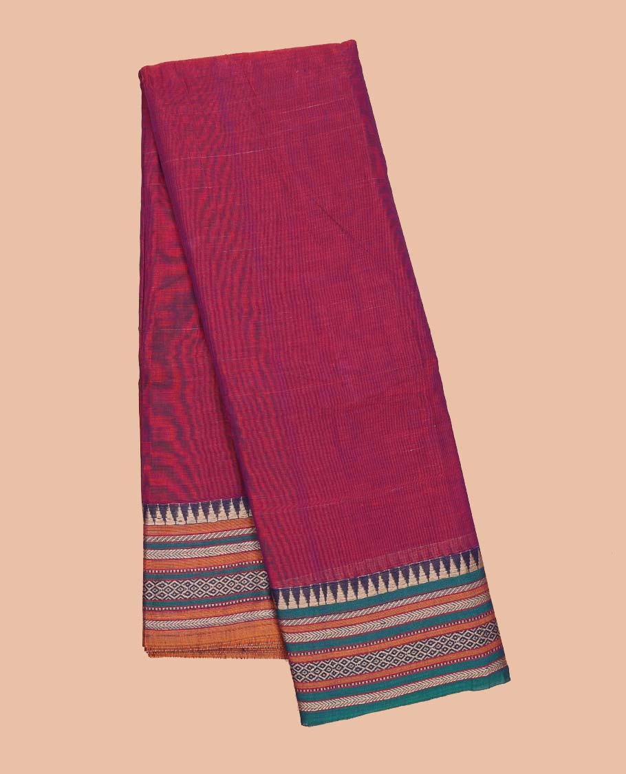 Red plain Narayanapet cotton saree, contrast traditional design border & striped pallu