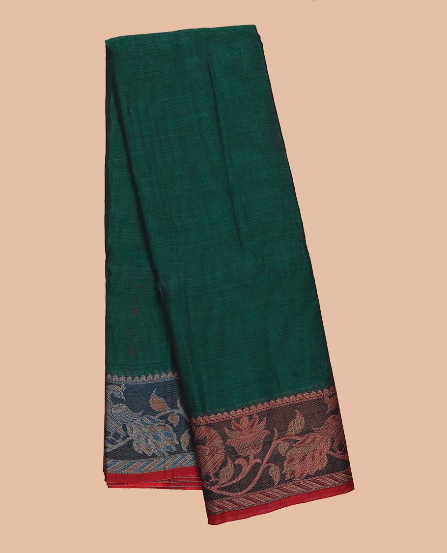 Green plain Narayanapet cotton saree, contrast floral design ganga jamuna border & striped pallu
