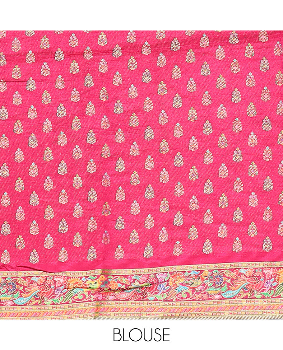 Cream tropical floral and peacock digital printed dola silk saree, contrast tropical floral and peacock border