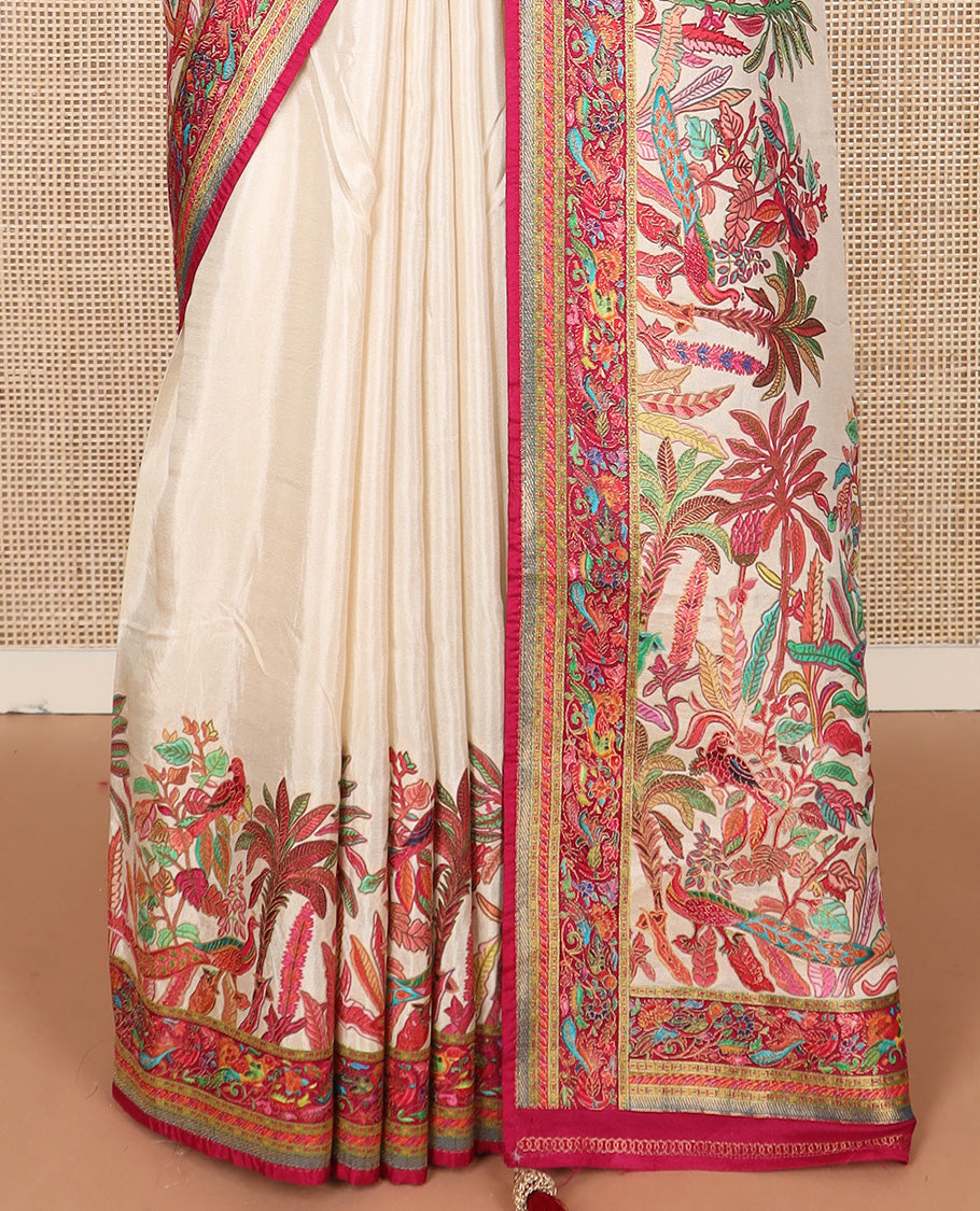 Cream tropical floral and peacock digital printed dola silk saree, contrast tropical floral and peacock border