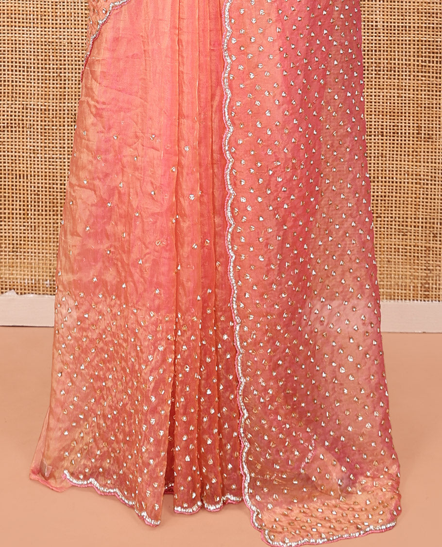Pink Organza Glass Tissue Saree With Stonework, a Scallop Border, and a Matching Blouse