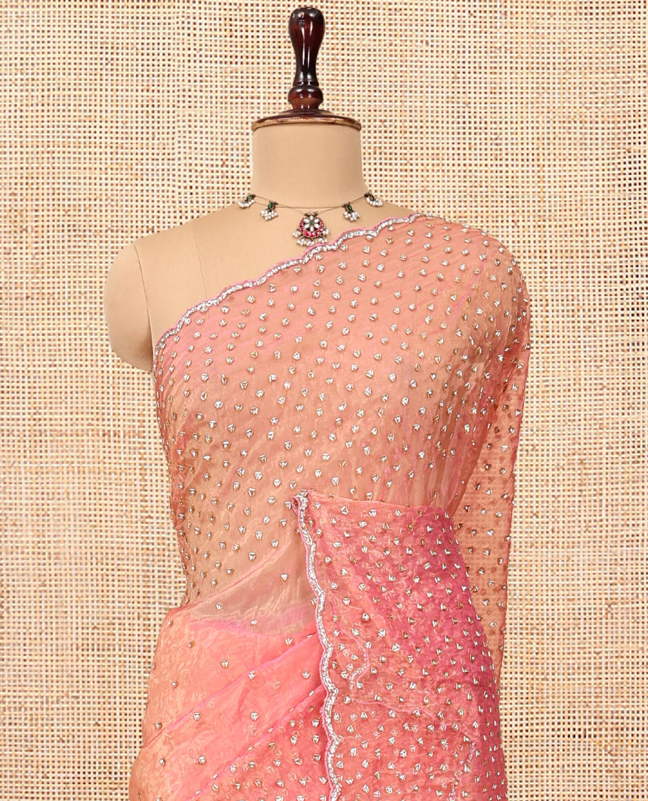 Pink Organza Glass Tissue Saree With Stonework, a Scallop Border, and a Matching Blouse