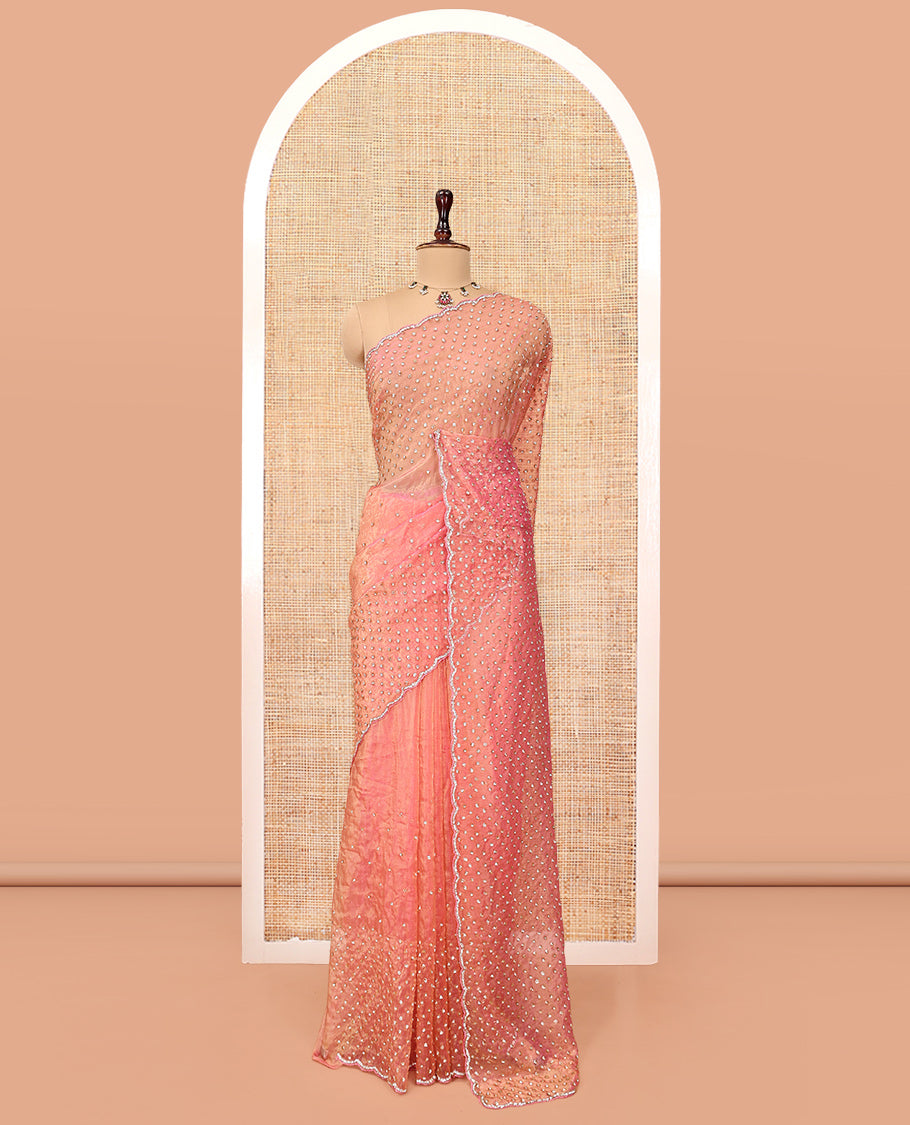 Pink Organza Glass Tissue Saree With Stonework, a Scallop Border, and a Matching Blouse