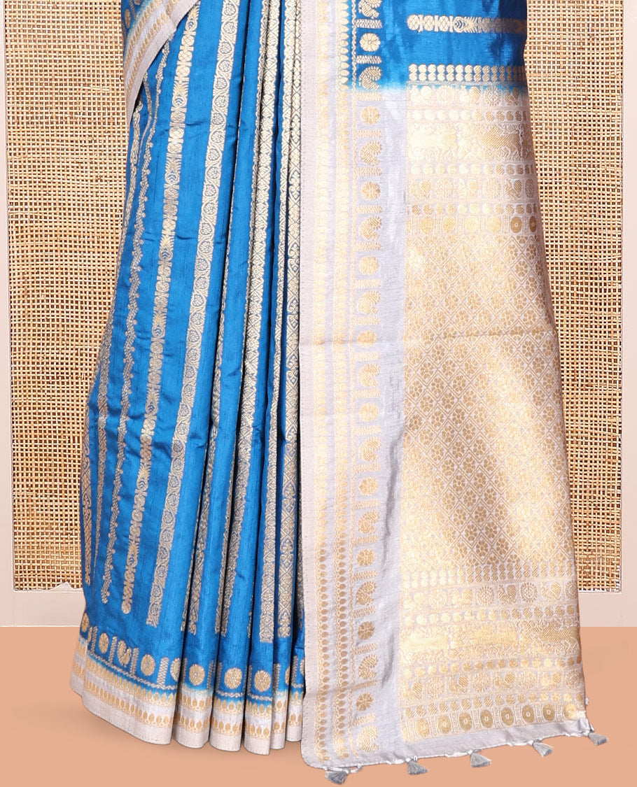 Blue Zari Stripes Fancy Raw Silk Saree, Contrast Traditional Border, Jaal Pallu, and Contrast Blouse
