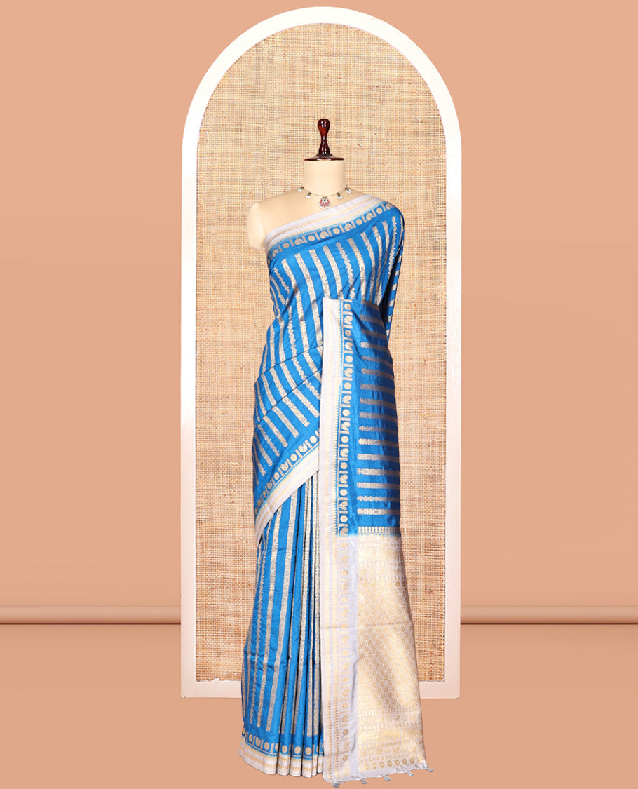 Blue Zari Stripes Fancy Raw Silk Saree, Contrast Traditional Border, Jaal Pallu, and Contrast Blouse