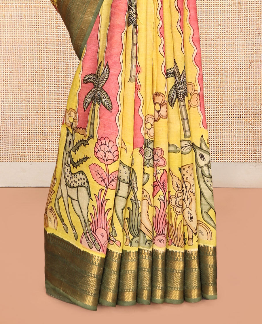 Yellow Tussar Kalamkari Saree
