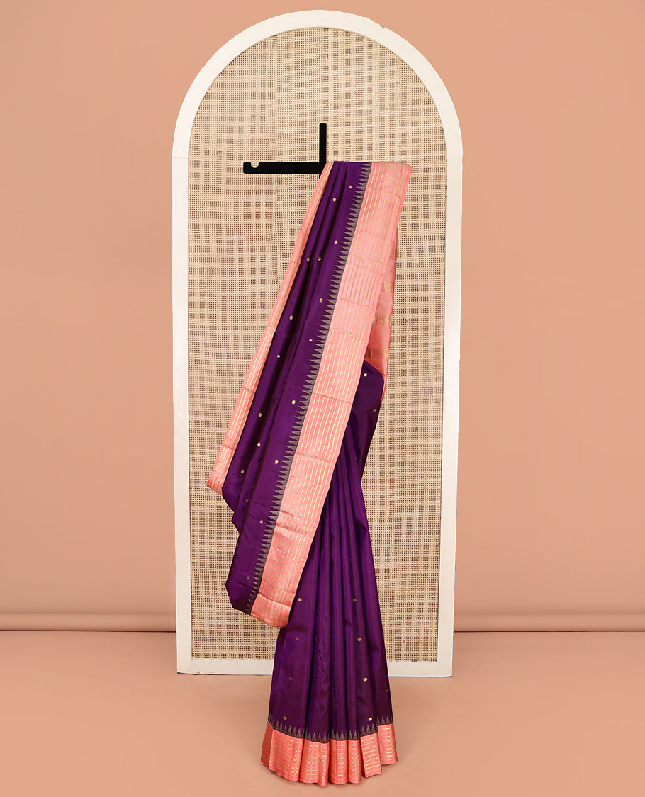 Vadamalli and Peach Pink Vasundhara Silk Saree, Enriched with Kamalam Zari Buttas All Over Its Body, Complemented by a Contrast Thazampoo Rekku Border of Banaras Designs, Gleaming Zari Striped Pallu, and Paired with a Contrast Blouse