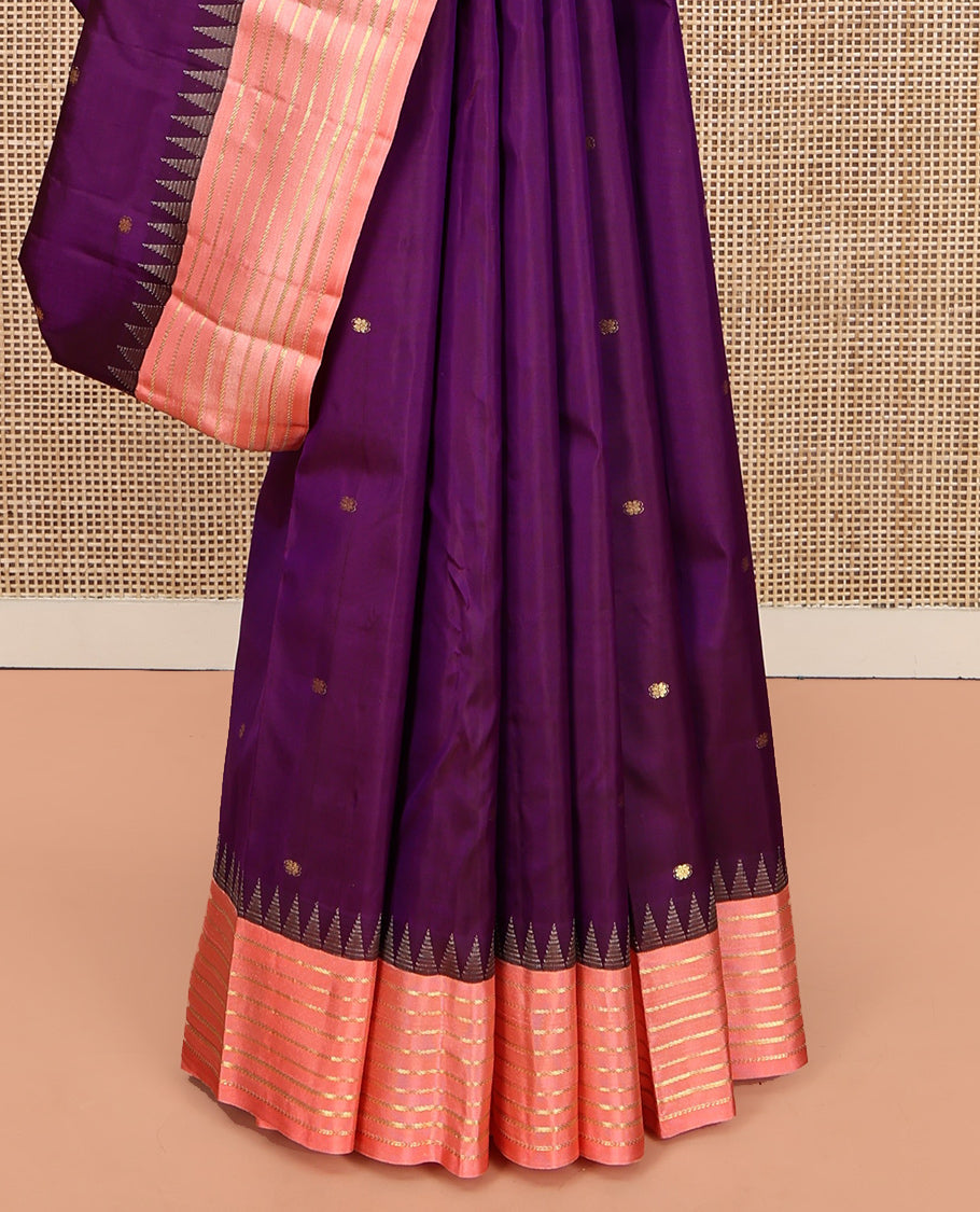 Vadamalli and Peach Pink Vasundhara Silk Saree, Enriched with Kamalam Zari Buttas All Over Its Body, Complemented by a Contrast Thazampoo Rekku Border of Banaras Designs, Gleaming Zari Striped Pallu, and Paired with a Contrast Blouse